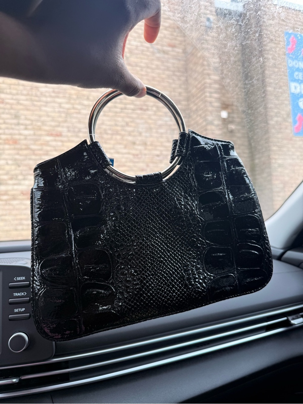 Black Croc-Embossed Circle-Handle Handbag